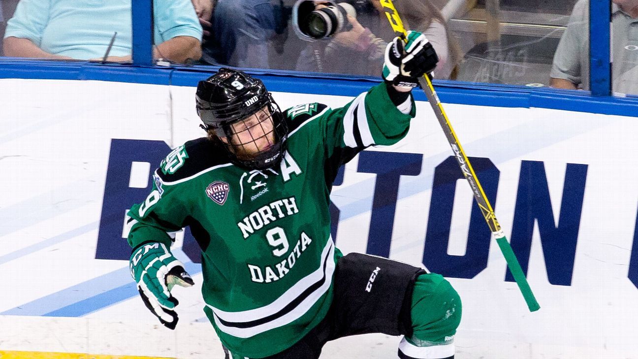 North Dakota Fighting Hawks beat Quinnipiac Bobcats for 8th NCAA hockey