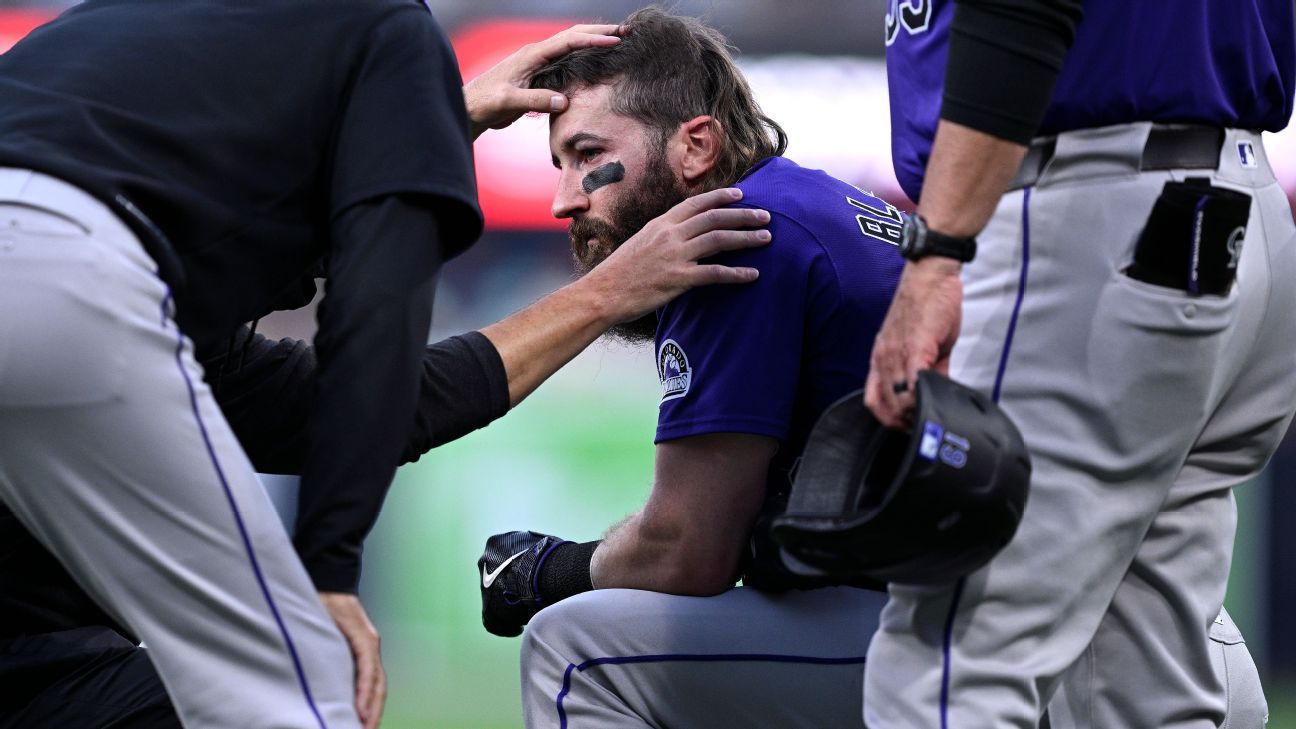 Rockies' Charlie Blackmon hit on arm, eye by errant throw, exits - ESPN