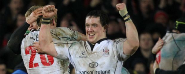 Ulster's Declan Fitzpatrick celebrates after defeating Biarritz Olympique