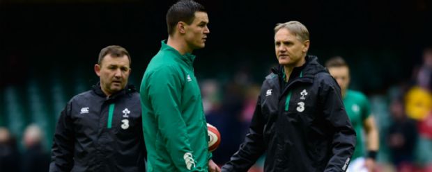 Ireland coach Joe Schmidt (r) chats with Johnny Sexton before the RBS Six Nations match between Wales and Ireland
