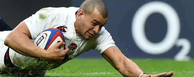 Jonathan Joseph goes under for his second try against Italy in the Six Nations
