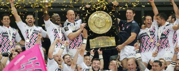 Stade Francais celebrate winning the Top 14 title