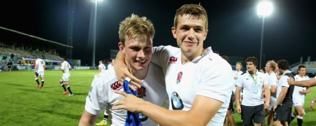 George Perkins and Nick Tomkins celebrate England U20s victory over South Africa