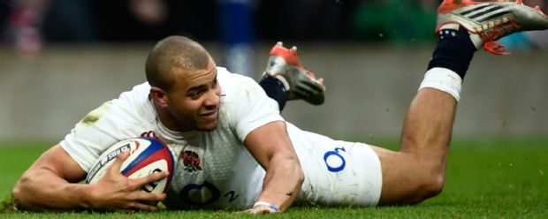 Jonathan Joseph scoring a try at this year's Six Nations.