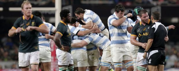 Argentina celebrate victory over the Springboks at the final whistle