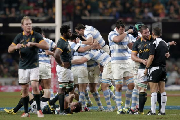 Argentina celebrate victory over the Springboks at the final whistle