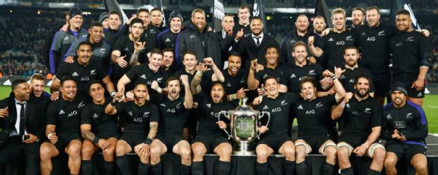 The All Blacks celebrate their Bledisloe Cup victory over Australia