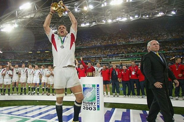 England captain Martin Johnson lifts the Rugby World Cup