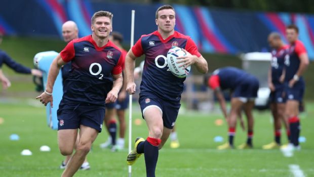 George Ford breaks away from Owen Farrell during England training