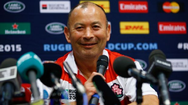 Japan head coach Eddie Jones faces the media