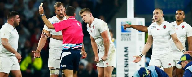 Chris Robshaw of England speaks to Referee Romain Poite as he shows Owen Farrell of England a yellow card