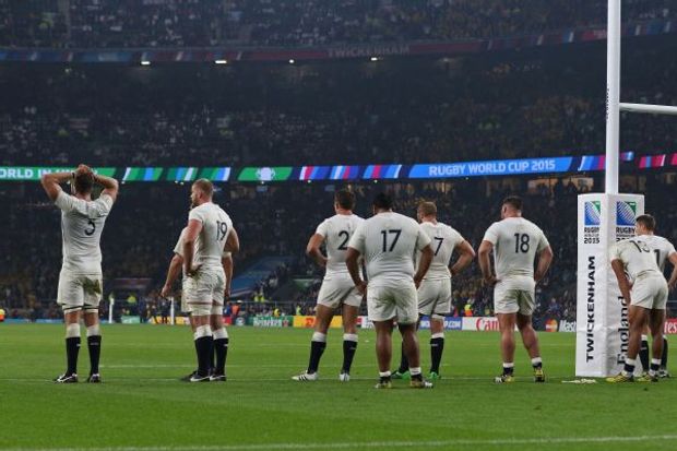 England players react after losing the 2015 Rugby World Cup Pool A match between England and Australia