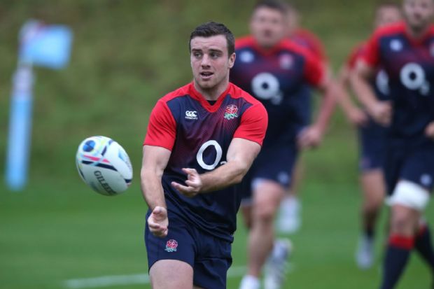 George Ford passes the ball during England training