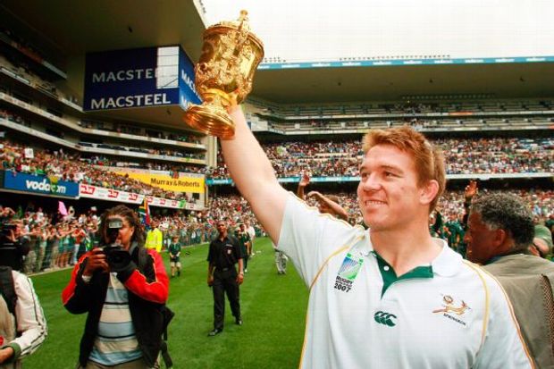 South Africa's John Smit lifts the Rugby World Cup