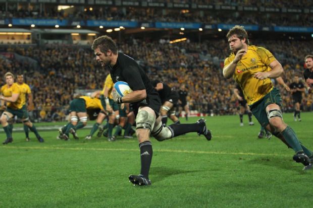 Richie McCaw crosses for a try against Australia