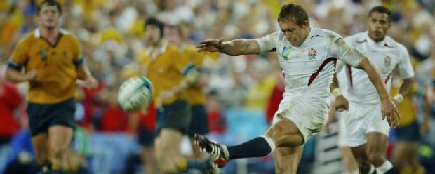 English fly-half Jonny Wilkinson nails a drop kick goal during the Rugby World Cup final