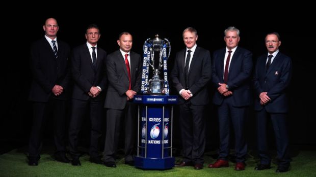 The head coaches line up with the Six Nations trophy