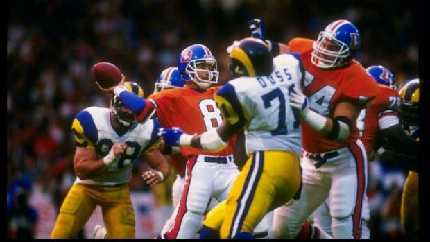 Quarterback Gary Kubiak of the Denver Broncos in action during the American Bowl game against the Los Angeles Rams at Wembley Stadium