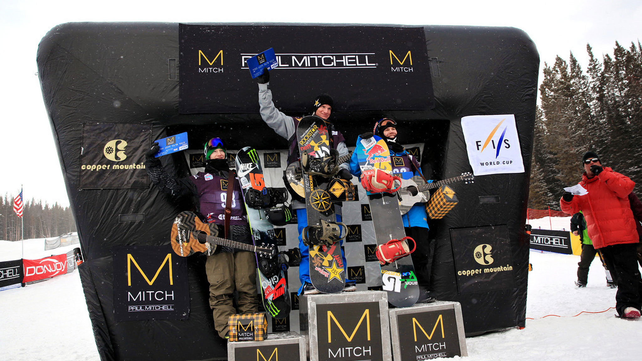 Chas Guldemond, Roope Tonteri and Peetu Piirionen on the men's snowboard slopestyle podiums at Copper.