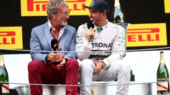 Jordan sits with seven-time world champion Lewis Hamilton after his victory at the 2014 Spanish GP.