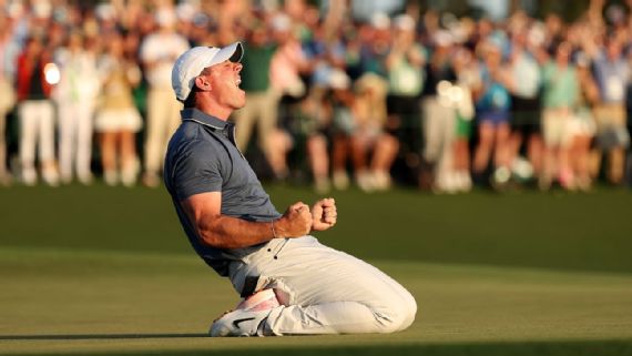 Rory McIlroy celebrating Masters win