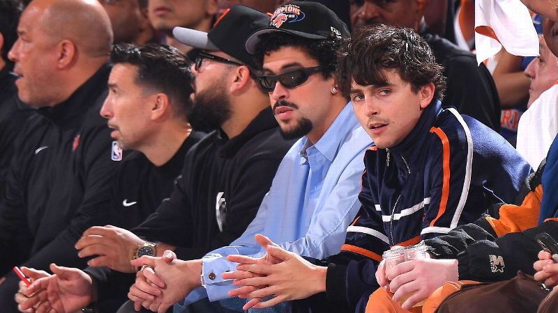 Timothée Chalamet and Bad Bunny courtside at Celtics-Knicks game