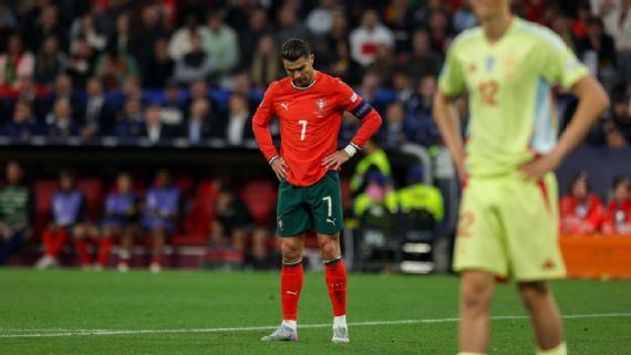 Cristiano Ronaldo laments during the final between Portugal and Spain.
