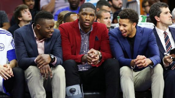 Joel Embiid on the bench for the 76ers