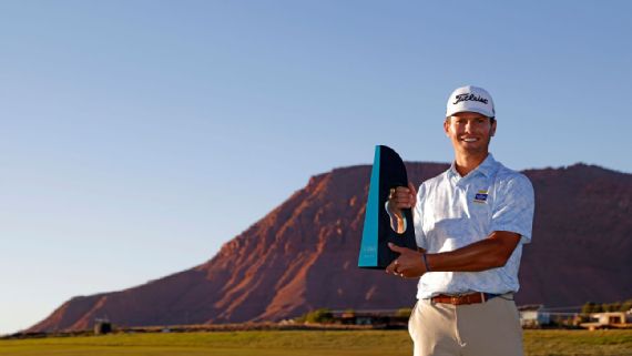 Michael Brennan celebrates with his first PGA Tour title after winning the Bank of Utah Championship on Sunday.