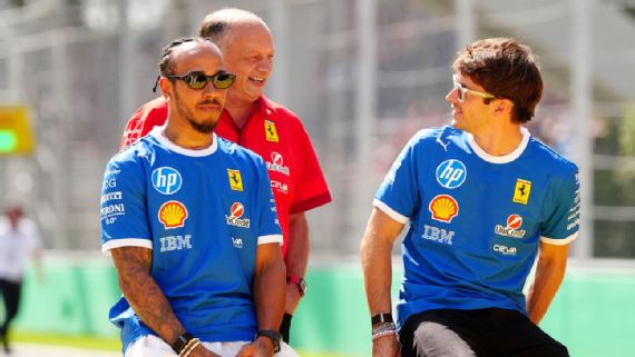 Ferrari team principal Fred Vasseur with drivers Lewis Hamilton and Charles Leclerc.