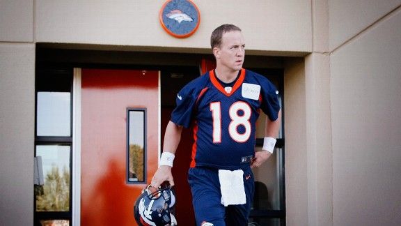 Denver Broncos quarterback Peyton Manning (18) screamed at his