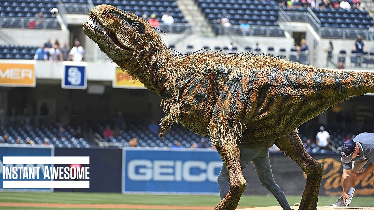 Buzz That Was Dinosaur throws out first pitch at San Diego Padres