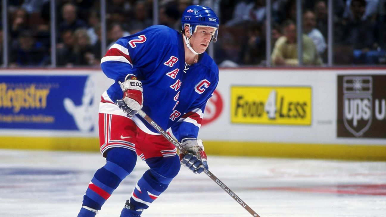 Brian Leetch of the New York Rangers skates on the ice during an NHL