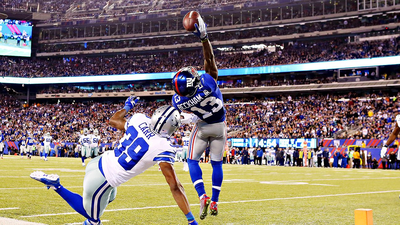 New York Giants wide receiver ODELL BECKHAM JR. makes a leaping catch