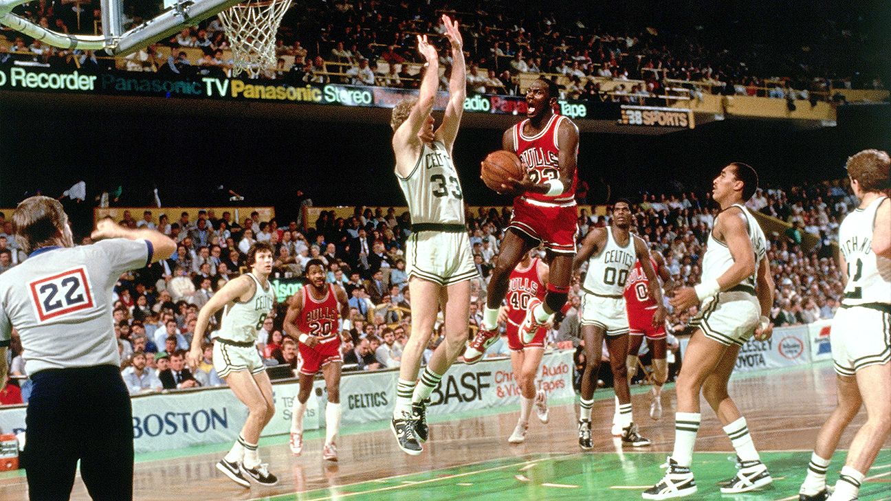 Michael Jordan and Danny Ainge get into it during the NBA Finals