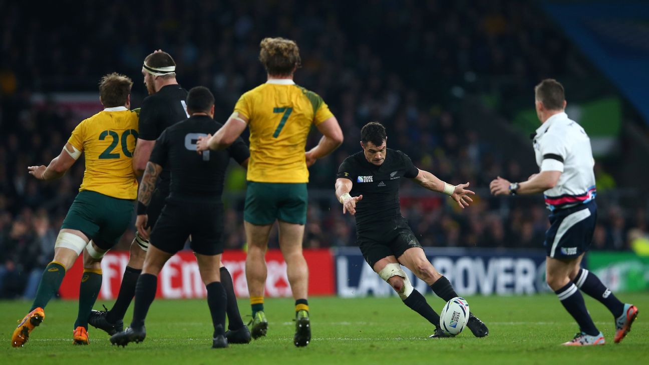 Daniel Carter of the All Blacks kicks a penalty during The Rugby