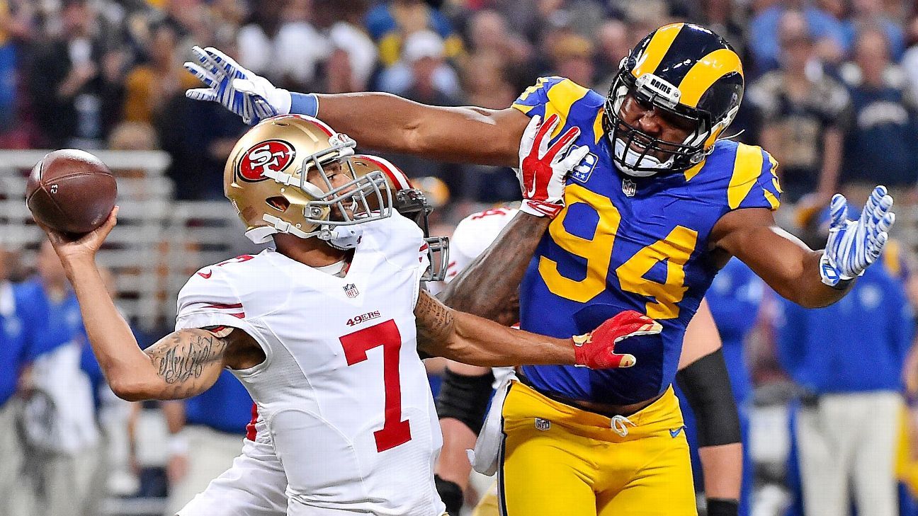 East Rutherford, New Jersey, USA. 6th Nov, 2017. Rams' outside linebacker  Robert Quinn (94) reacts on a play during NFL action between the Los  Angeles Rams and the New York Giants at