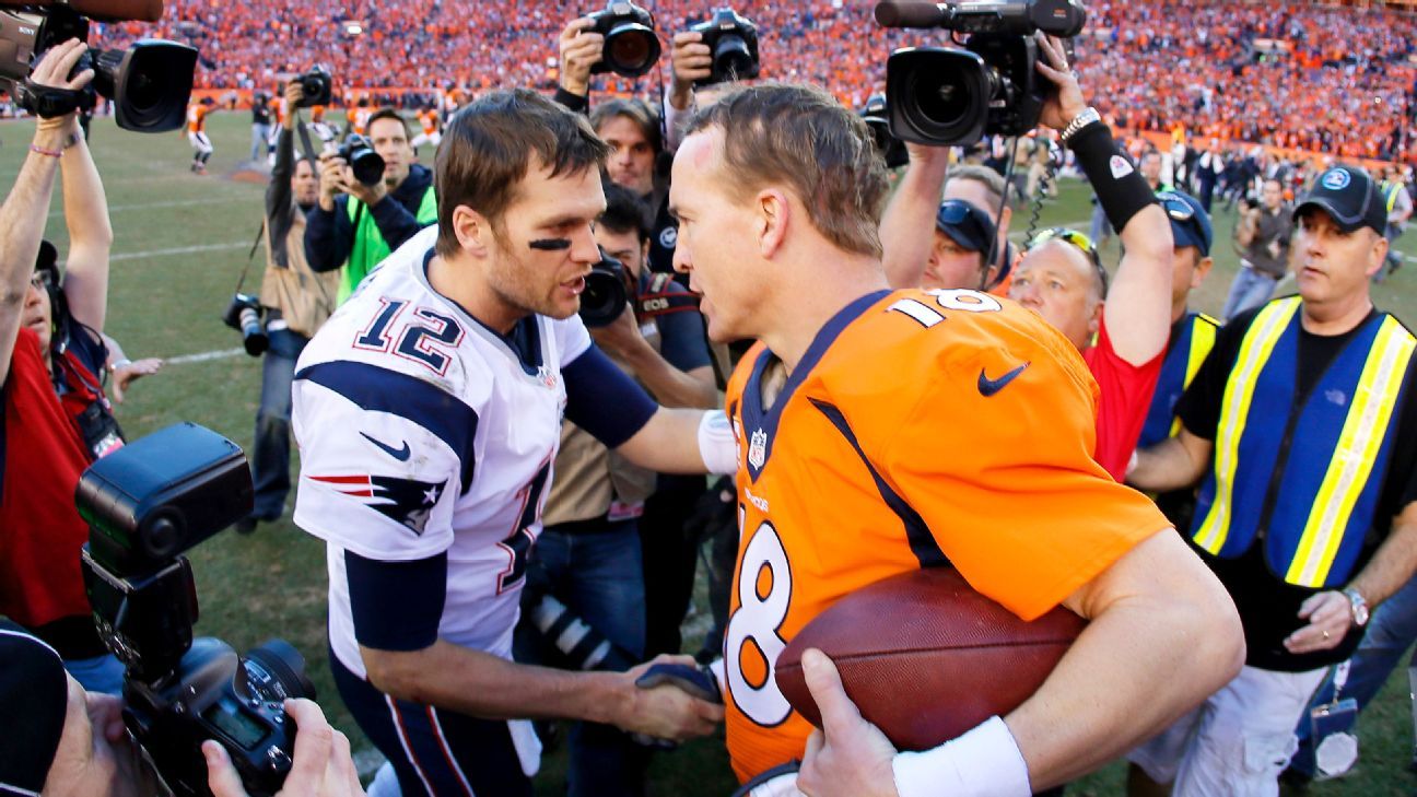 Peyton Manning & Tom Brady Denver Broncos New England Patriots Dual Signed  16'' x 20'' Handshake Photograph