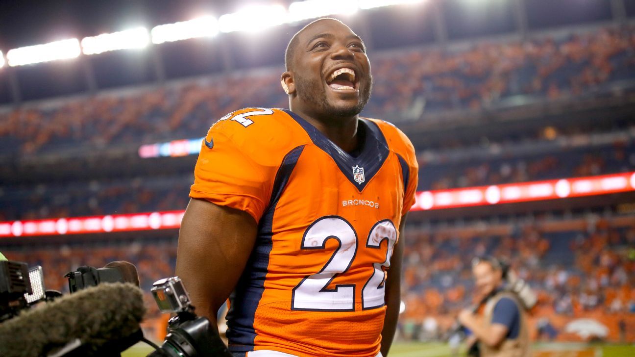 Denver Broncos running back C.J. Anderson celebrates winning the