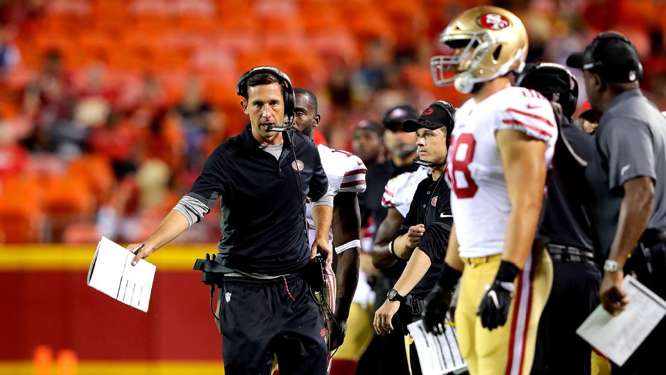 San Francisco 49ers head coach Kyle Shanahan watches from the sideline  during the first half of his team's NFL football game against the Kansas  City Chiefs in Santa Clara, Calif., Sunday, Oct.