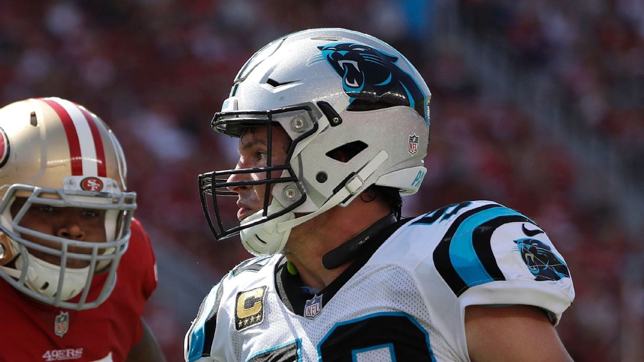 Luke Kuechly wearing experimental neck collar in 2017 - ESPN