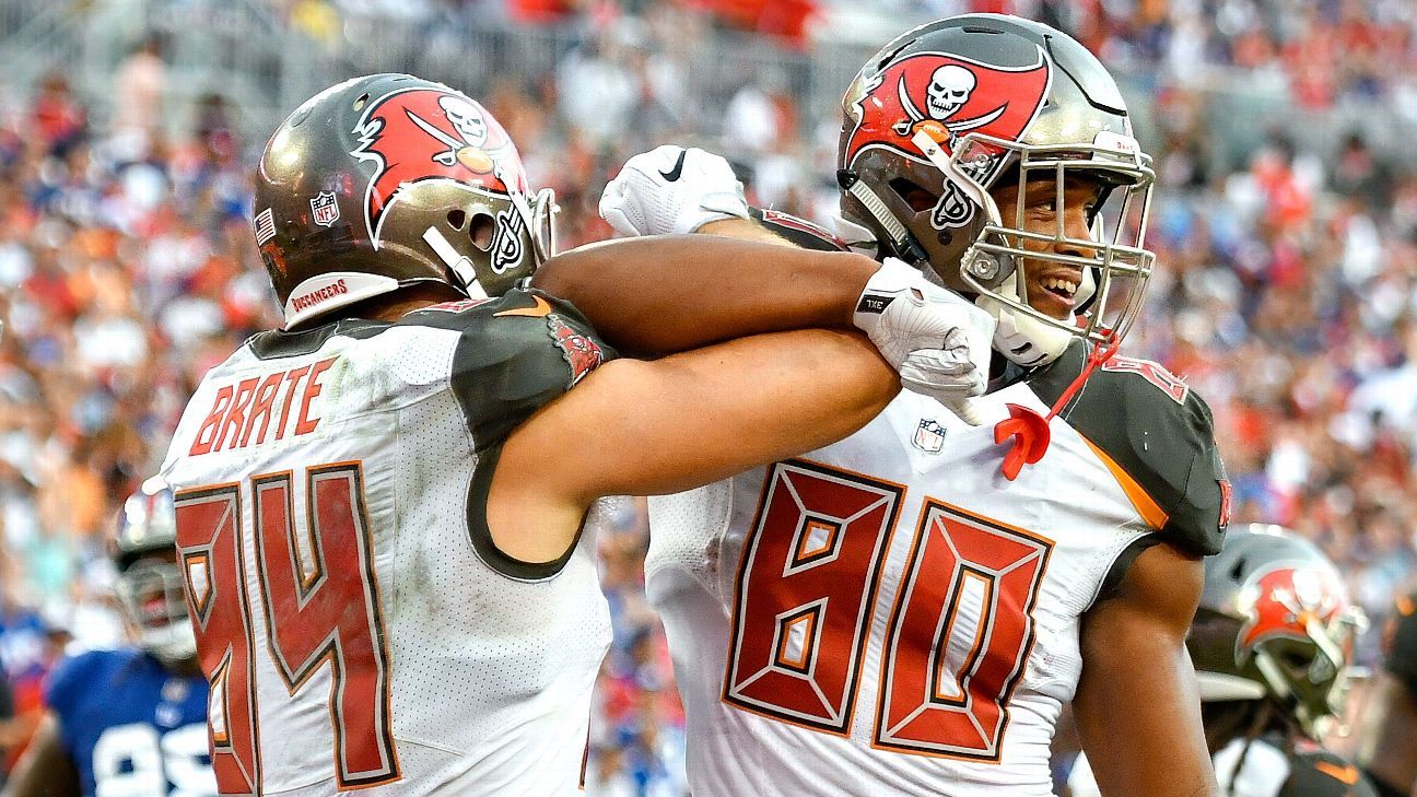 O.J. Howard of the Houston Texans gets set against the Washington