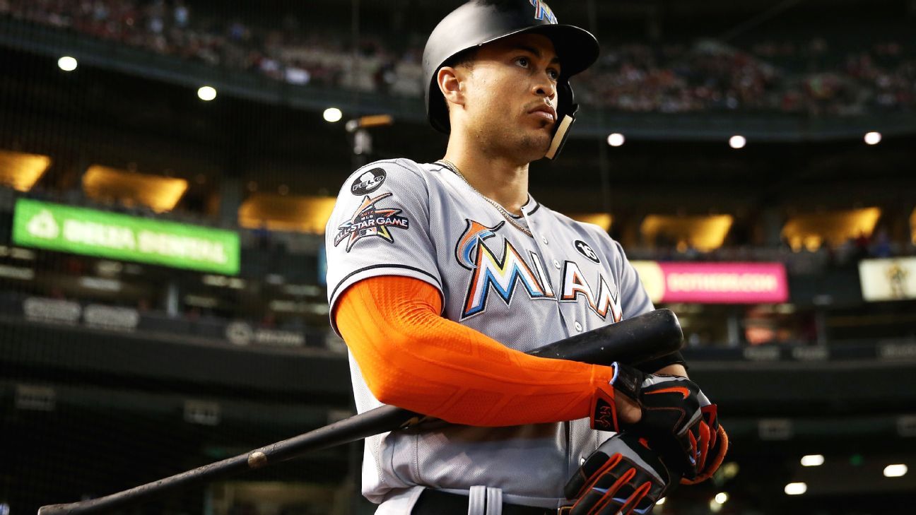 Miami Marlins Giancarlo Stanton waits his turn to hit during team