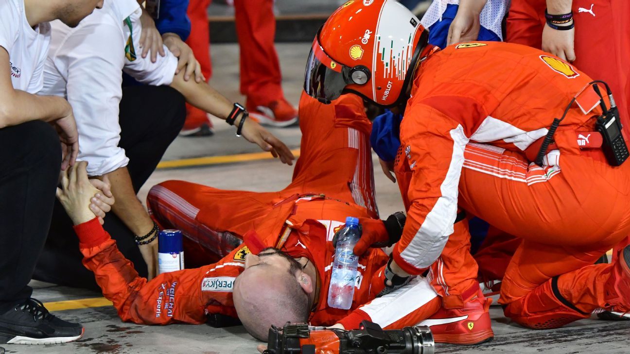 Ferrari mechanic suffers broken leg in pit lane collision