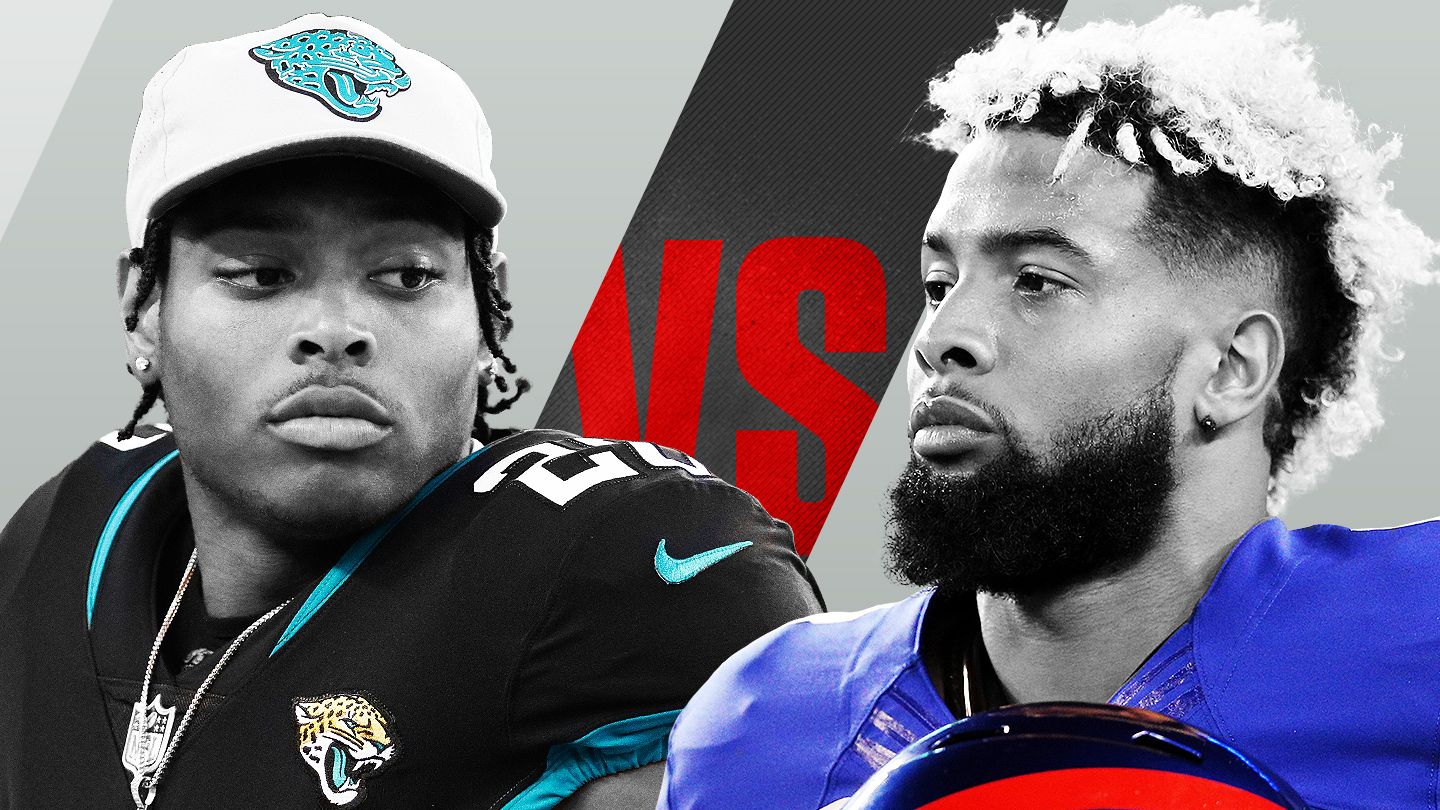 Odell Beckham Jr.#13 of the New York Giants and Jalen Ramsey of