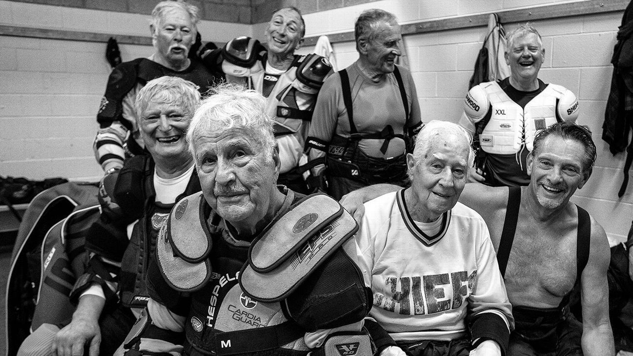 These senior hockey players found a frozen fountai