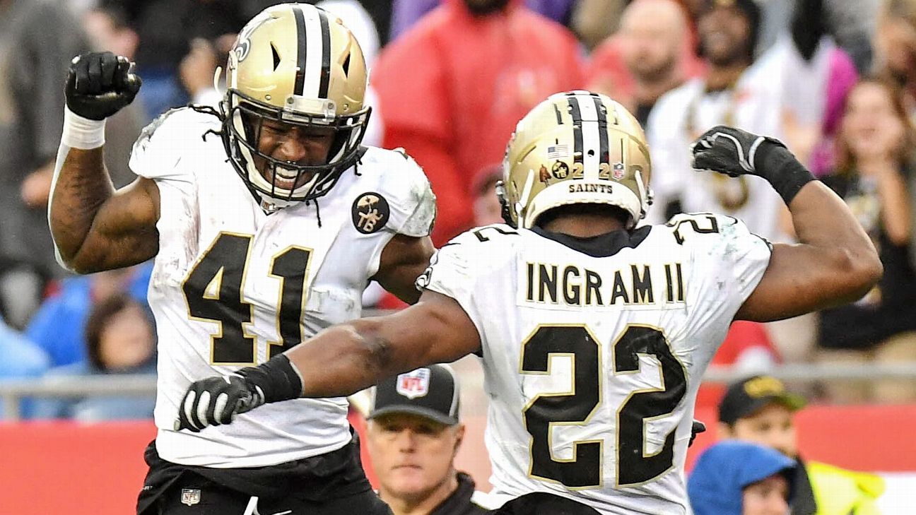 New Orleans Saints running back Mark Ingram (22) goes 50 yards for