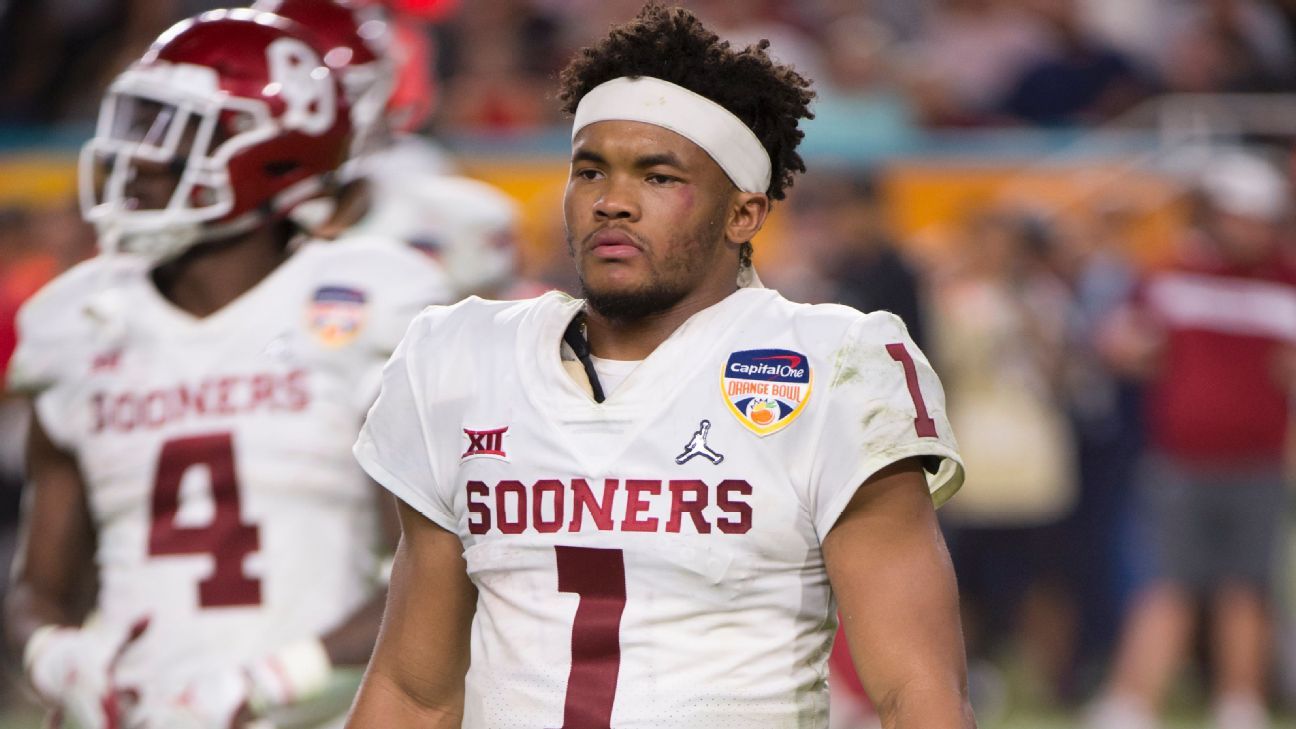 Oklahoma quarterback Kyler Murray holds his up a jersey after the