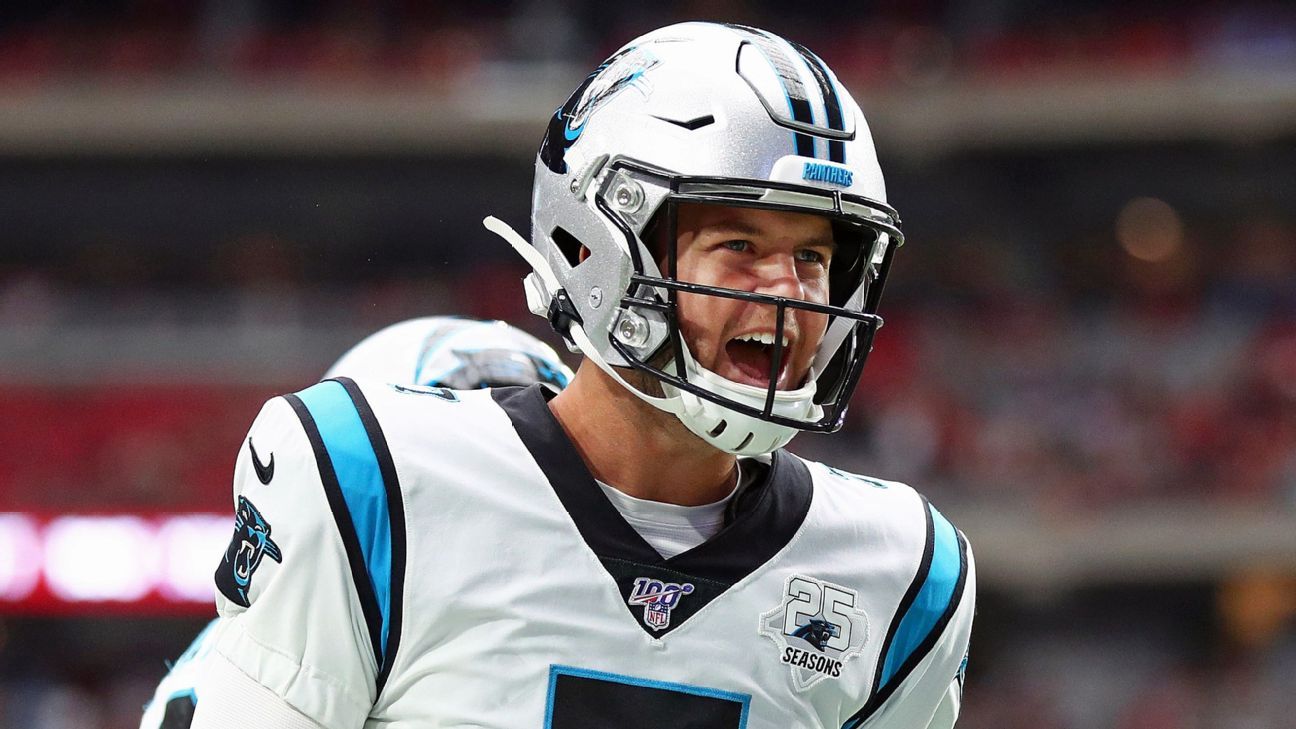 Carolina Panthers quarterback Kyle Allen (7) warms up prior to an