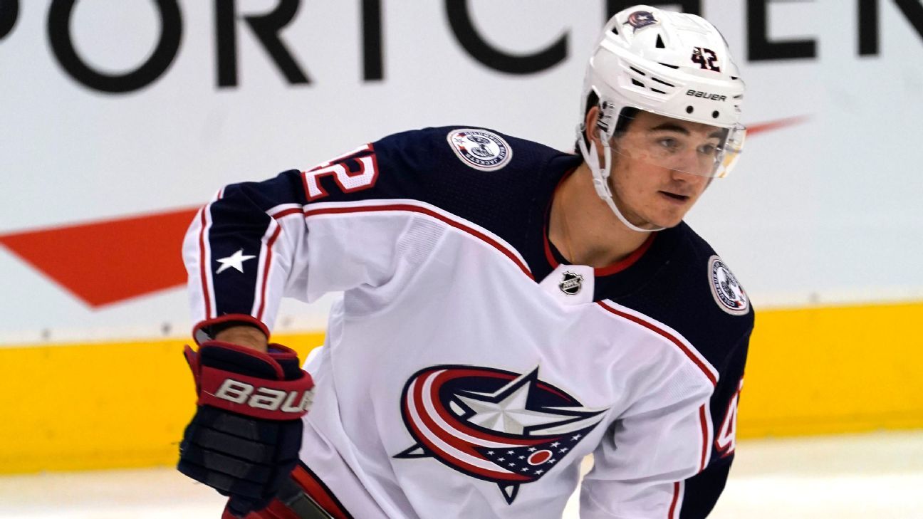 Alexandre Texier Columbus Blue Jackets Unsigned Navy Jersey Skating with Puck vs. Tampa Bay Lightning Photograph